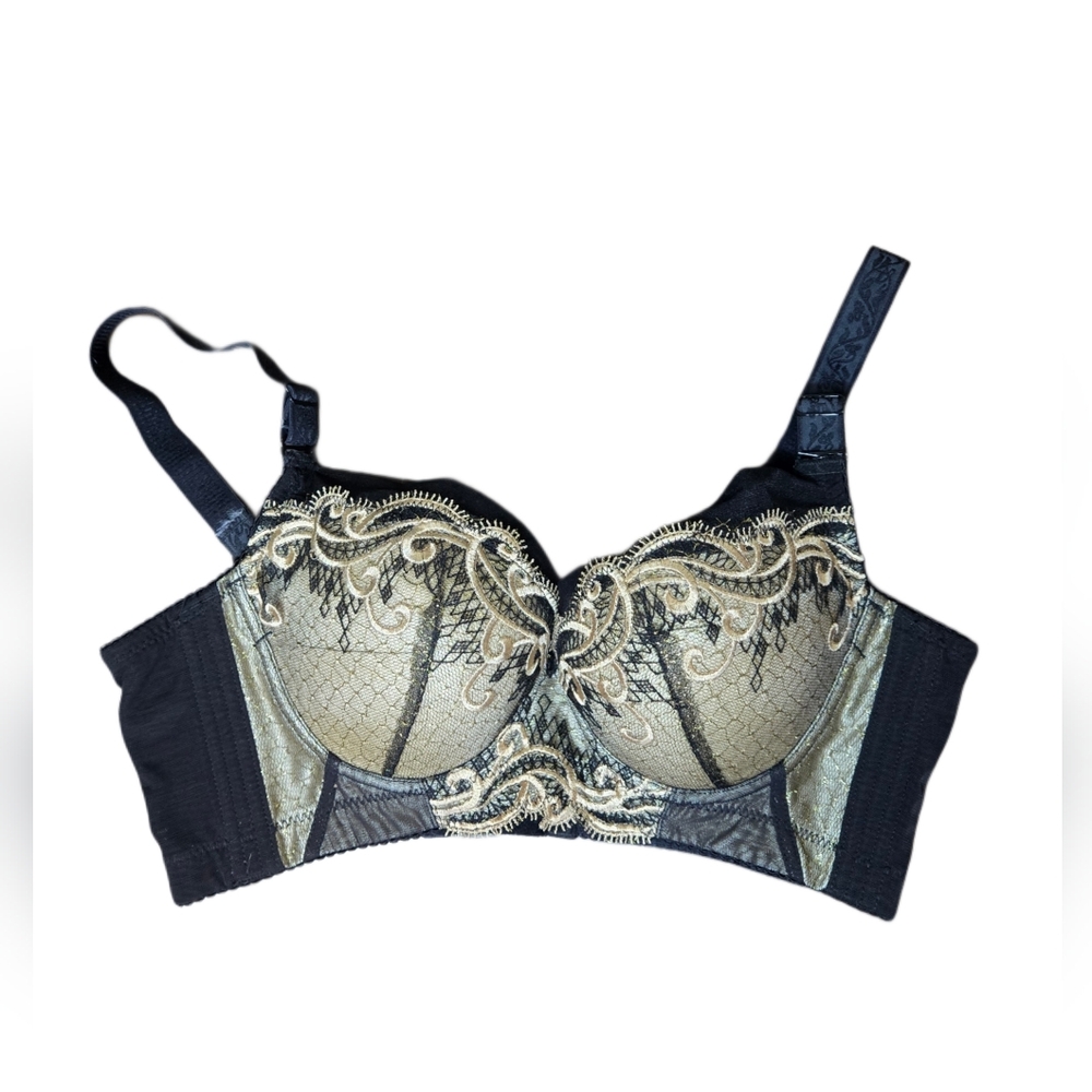 Vintage-Inspired Black Gold Embroidered Push-Up Bra • Lace Mesh •‎ InFanta 36B